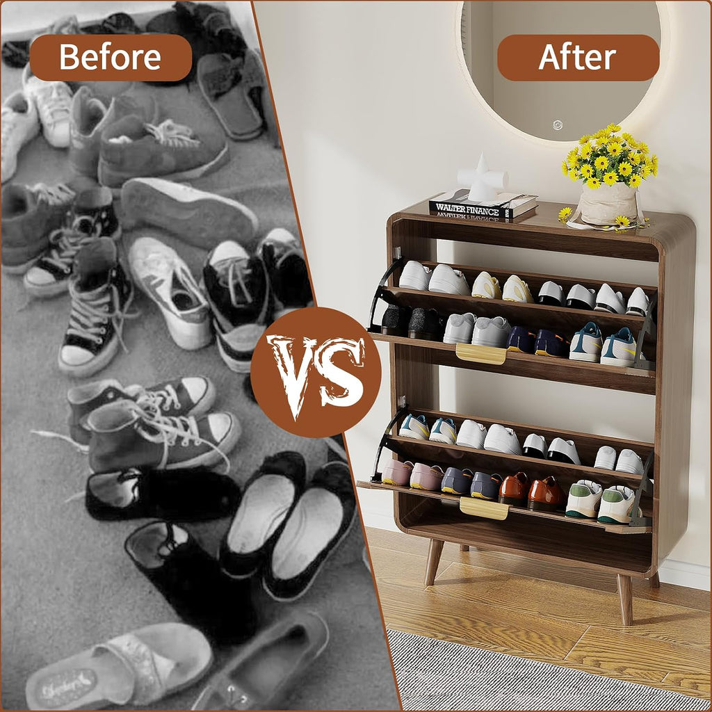Shoe Storage Cabinet with 2 Flip Drawers , 27.5" Freestanding Hidden Shoe Rack Cabinet, Narrow Shoe Organizer