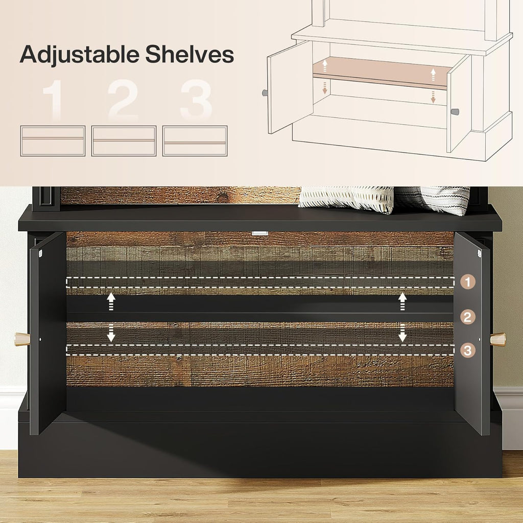 70.86" Hall Tree with Storage Bench, 4-in-1 Design Entryway Bench with Coat Rack, Farmhouse Hall Tree with 5 Hooks