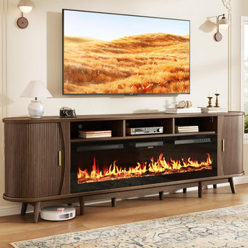 97" Fireplace TV Stand for 100" TV, Mid Century Modern Entertainment Center with 60" Electric Fireplace, Media