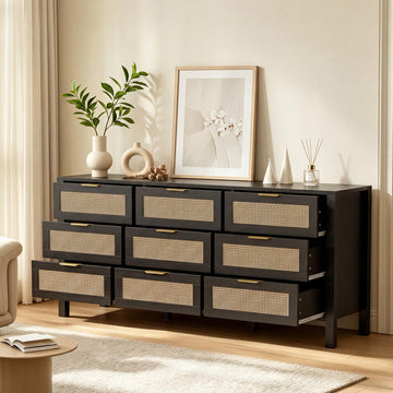 9 Drawer Dressers, Rattan Dresser with Drawers, Modern Wood Dresser with Metal Handles, Chest of Drawers (Black-9