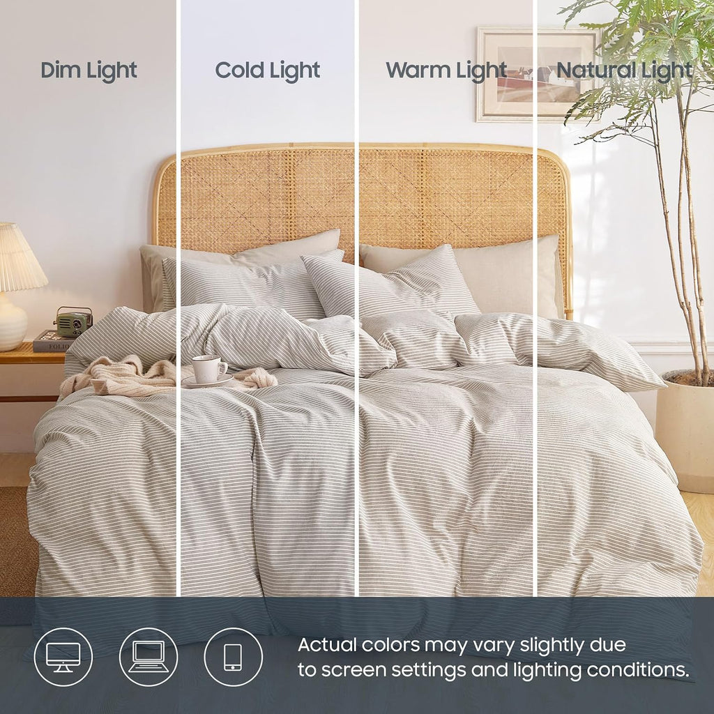 Striped Cotton Duvet Cover Set, Tan, Queen