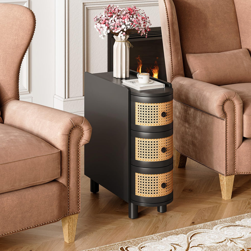 Solid Wood Set of 2, Rattan Narrow Side Table