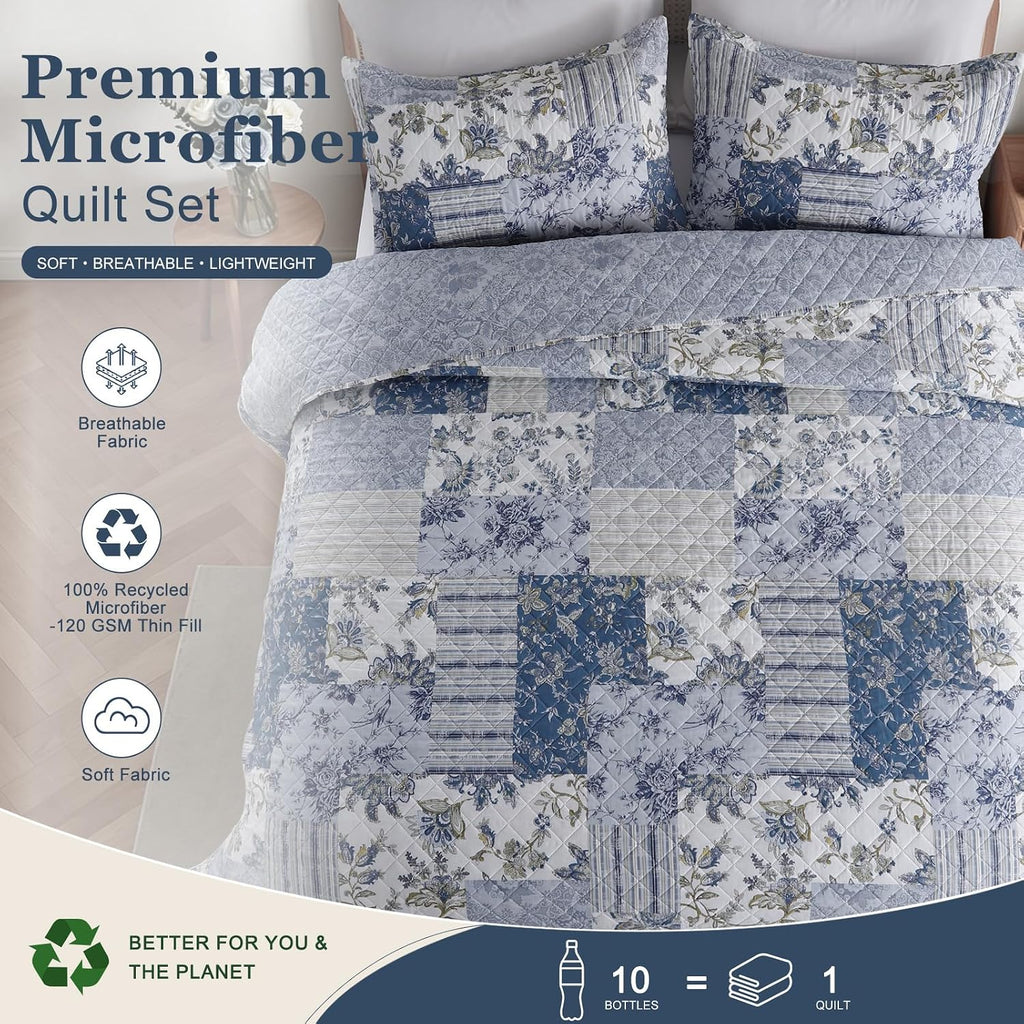 XL King Quilt Set, Blue and White Floral, Reversible, 106" × 96"