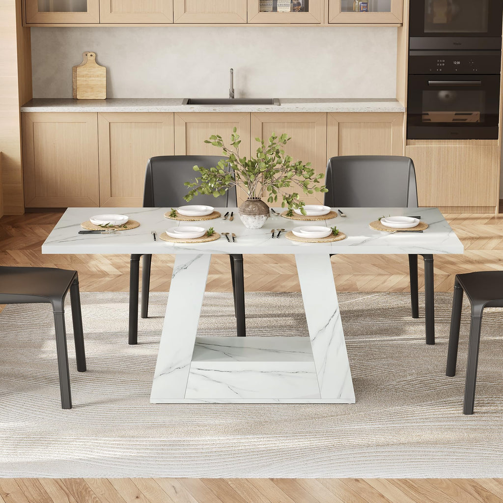 63" Modern Faux Marble Dining Table for 6, Rectangle, White