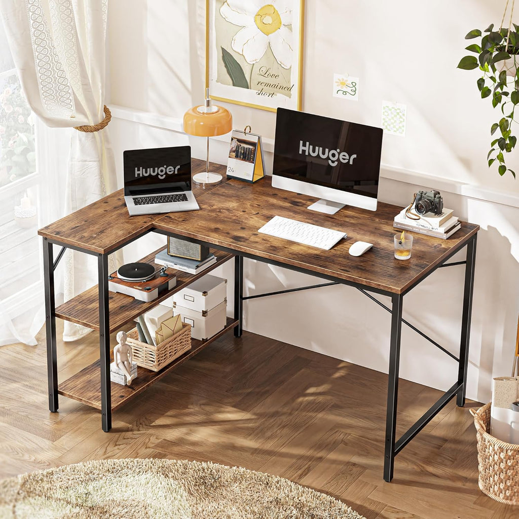 47 Inches L Shaped Desk, Computer Desk with Reversible Storage Shelves, for Gaming Corner Home Office Writing Study