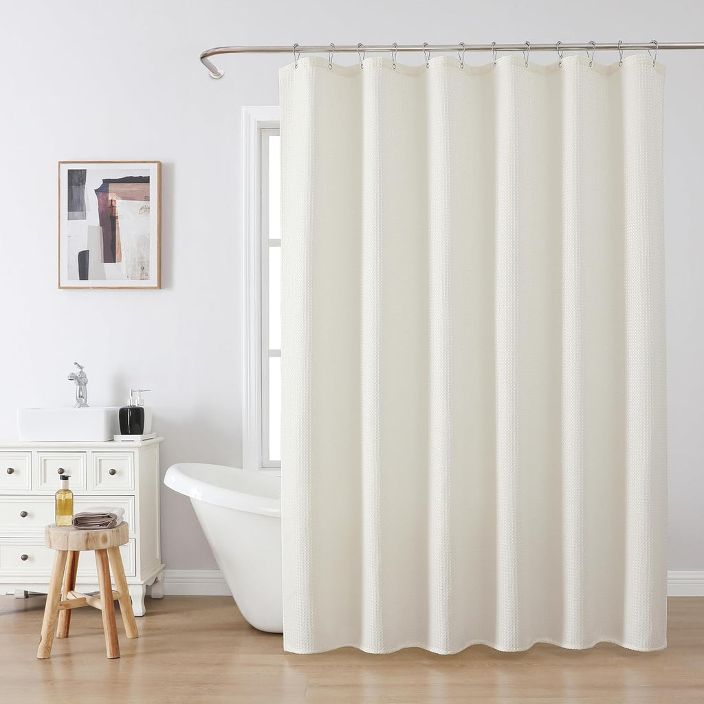 Waffle Weave Shower Curtain with Stainless Steel Hooks - 230 GSM Heavy Duty Fabric Bath Curtains, Hotel Luxury