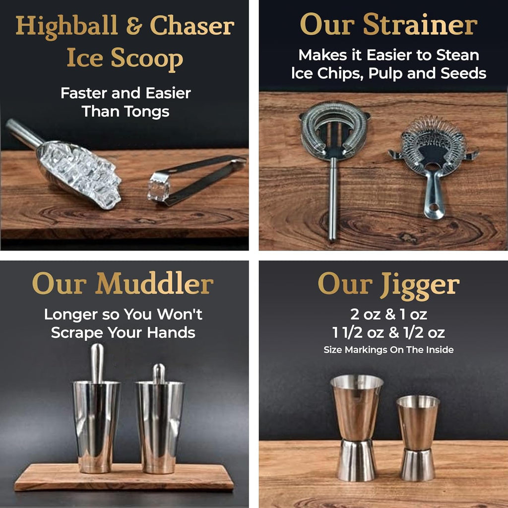 13-Piece Cobbler Cocktail Shaker Set Stainless Steel Mixology Bartender Kit With Stand Bar Cocktail Set | Laser
