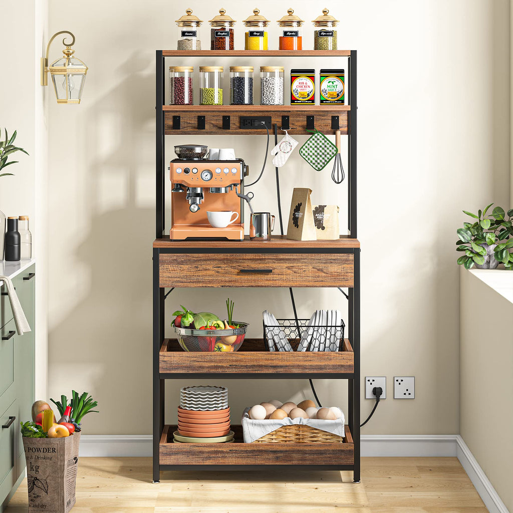 Kitchen Baker's Rack with Power Outlets, Freestanding 5-Tier Microwave Stand with Drawers & Sliding Shelves, Coffee