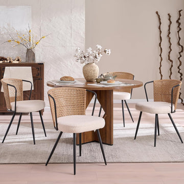 Rattan Dining Chairs Set of 4 - Farmhouse Upholstered PE Rattan Kitchen Chair with Boucle Cushion, Wingback Dining