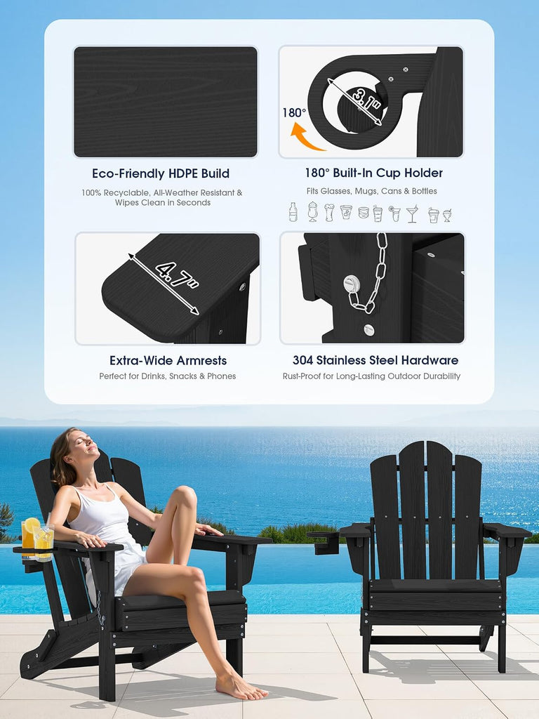 Adjustable Adirondack Chairs Set of 2, Folding Outdoor Chair, Black | | with Cup Holder | Reclining 3-Position