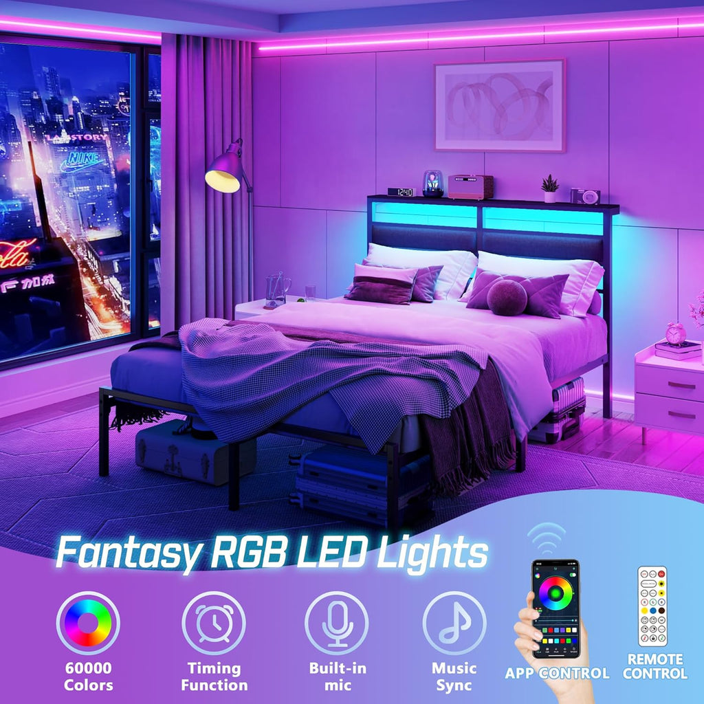 Full Bed Frame with Headboard, Bed Frame Full with LED Light and Charging Station