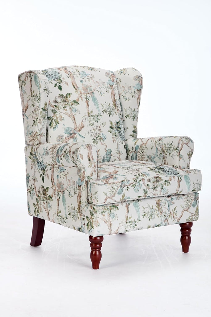 Modern Wingback Accent Chair with Solid Wood Legs and Cushion, Comfy Upholstered Floral Pattern Armchair, Retro