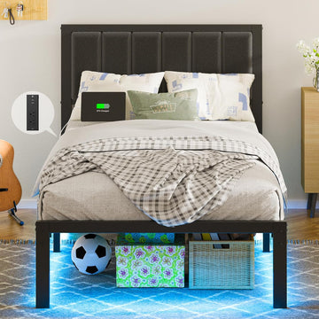 Twin Bed Frame with Headboard Metal Platform Bed Twin with USB Charging Station and LED Lights, No Box Spring Needed