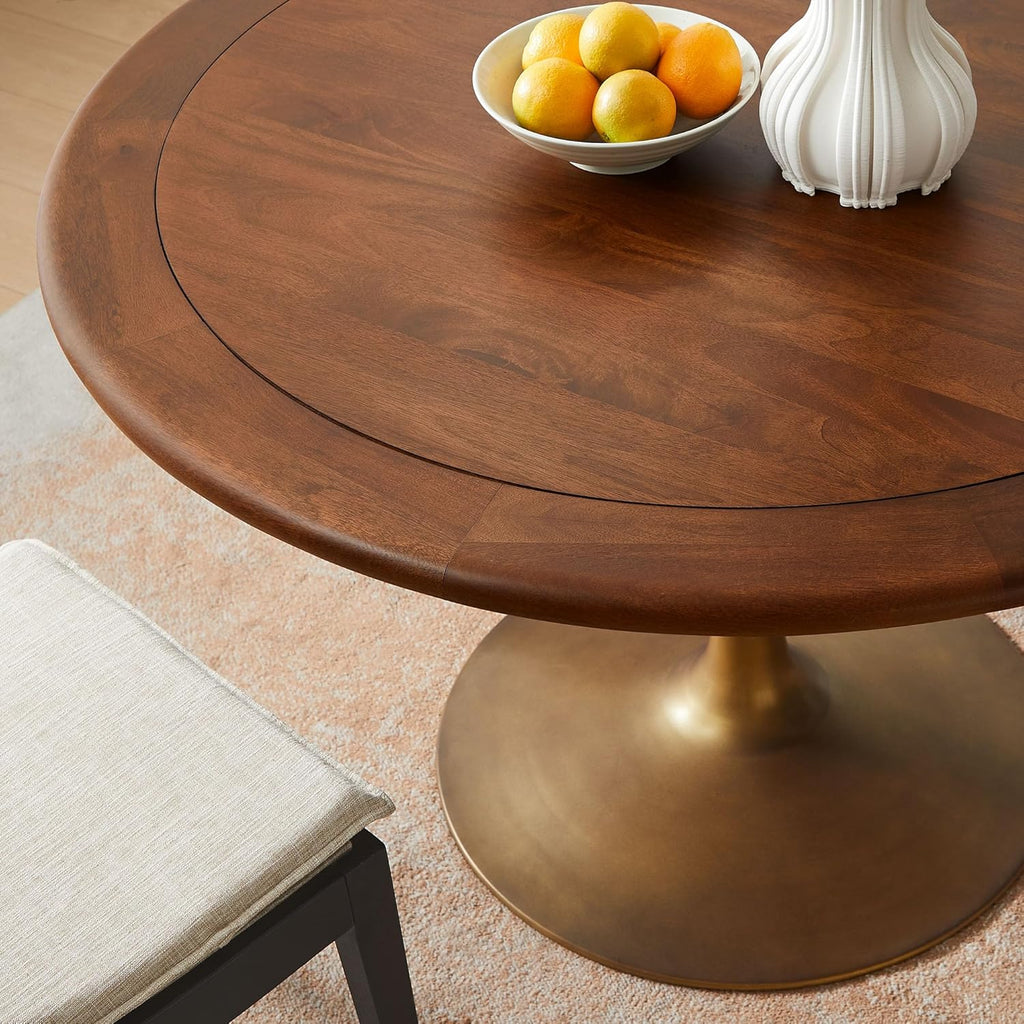 Inspired Saarinen Style Tulip Round Pedestal Dining Table — Brass Base / Walnut Top, 48″ Round