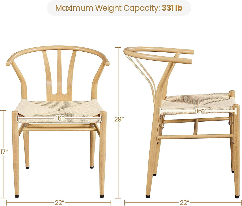 Weave Dining Chair Rattan Chair Metal Armchairs Hemp Seat for Kitchen, Dining, Living Room Set of 2, Wood Color