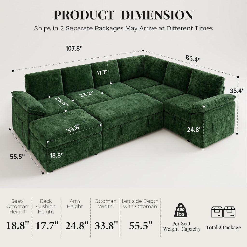 108'' Sectional Couches, Sectional Sleeper, Green