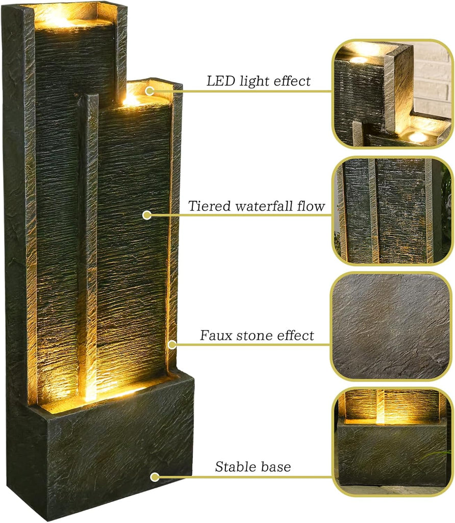 Modern Tiered Waterfall Fountain with Lights - Indoor Rectangular Water Feature - 35.4"H Waterfall Fountains Decor