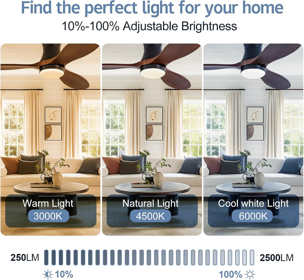 42 Inch Inspired Maverick Style Low Profile Smart Ceiling Hugger Fan with LED Light & Remote - Flush Mount, Solid Wood Blades, 6-Speed - Black