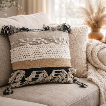 Throw Boho Pillow Cover, 18”x18” Bohemian Moroccan Rustic Decorative Pillows with Tufted Accents, Plush Handwoven