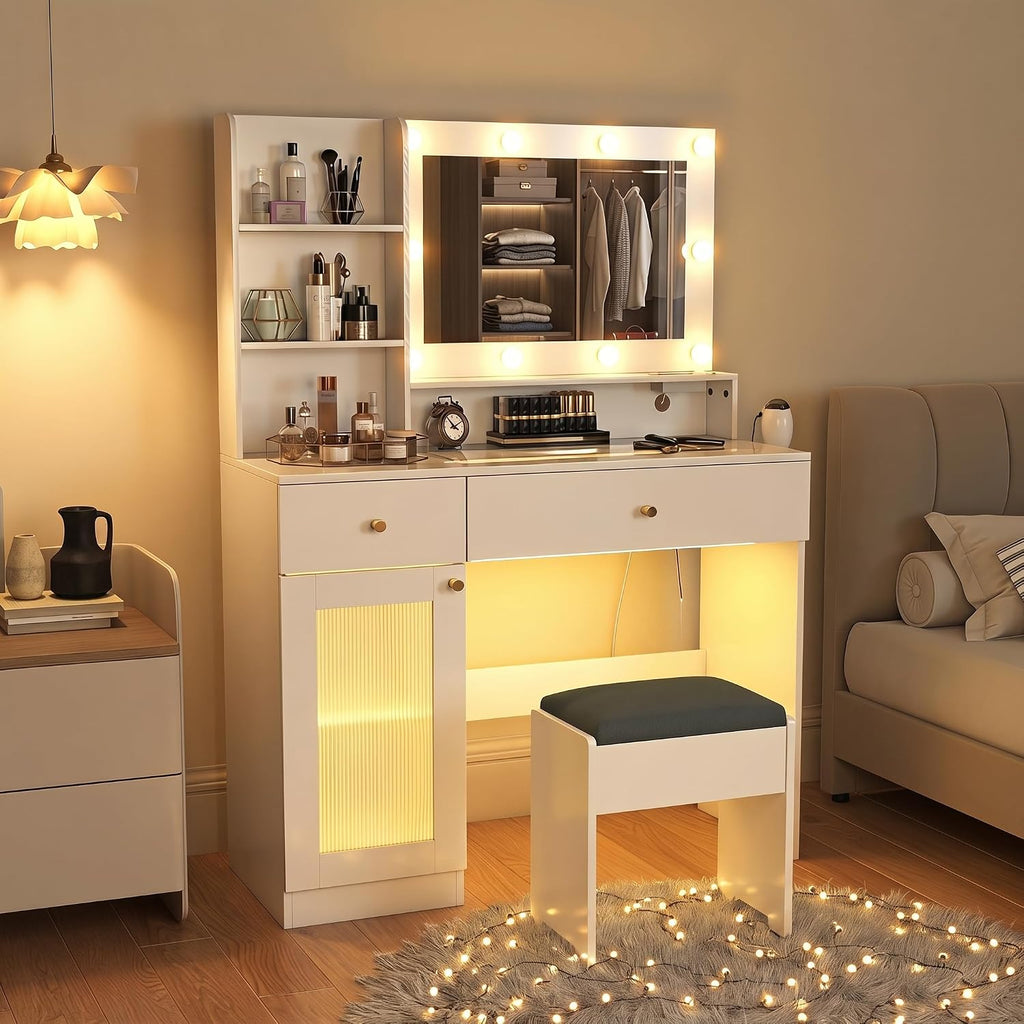 Vanity Desk with Mirror and Lights: 40" White Makeup Vanity with Glass Top, Wood Dressing Table with Drawers and