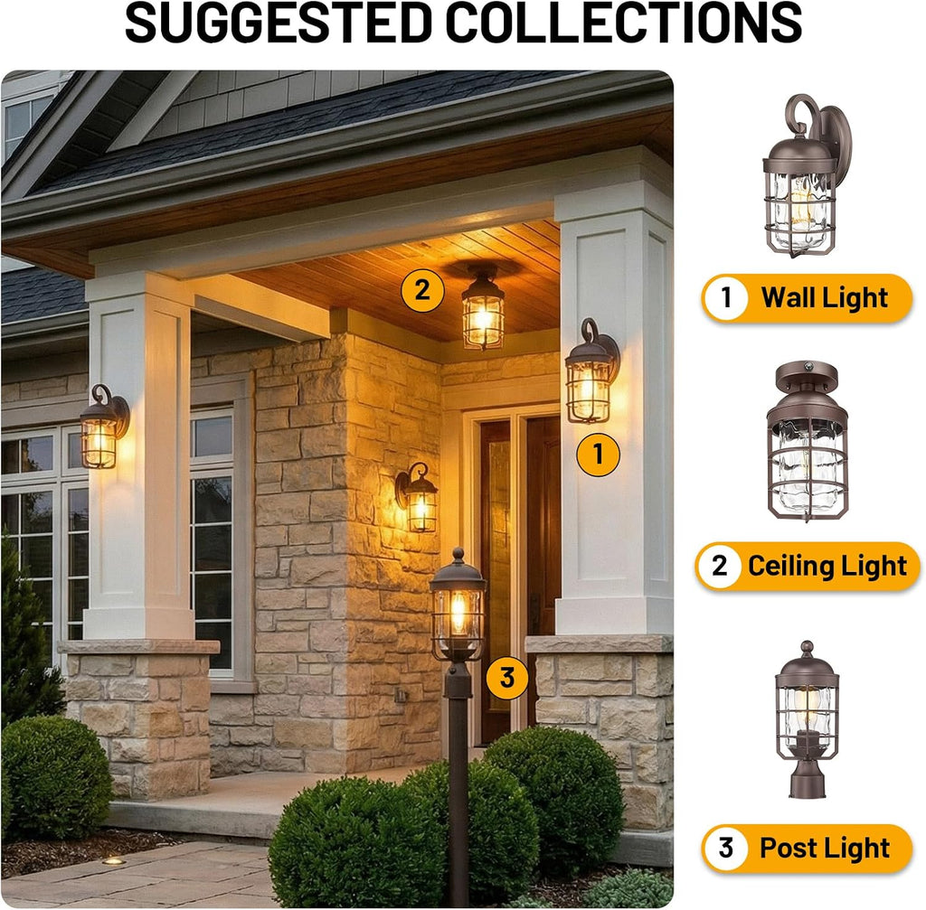 Outdoor Post Lights Lamp Post Light Fixture with Water Ripple Glass Industrial Lantern Cage