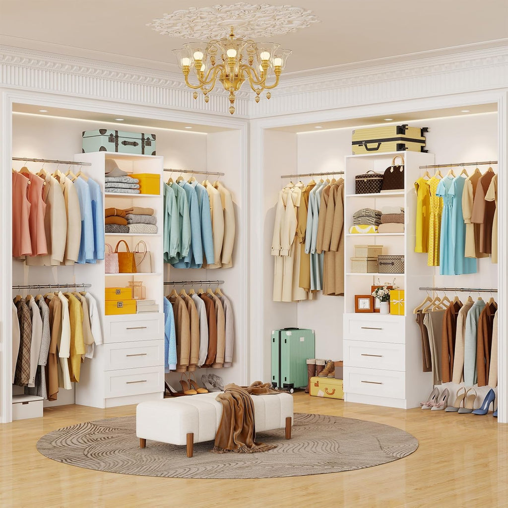 Closet System with 6 Drawers, 5-14FT Custom Closet Organizer System with 8 Expandable Hanging Rods&Adjustable