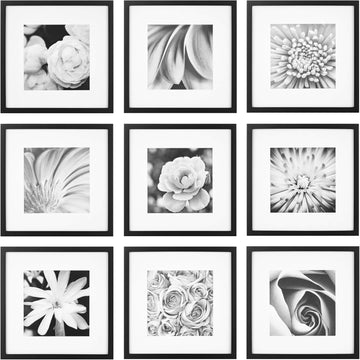 12x12 Picture Frames, 9 Piece Set with Real Glass Cover for 8x8 Photos With Mat, Picture Frames Collage Wall Decor