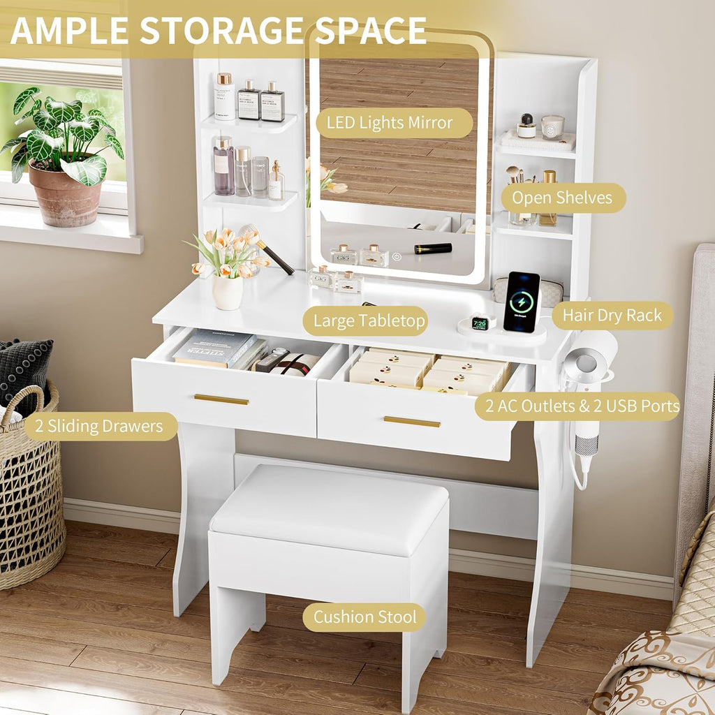 Vanity Desk with LED Lights Mirror & Power Outlet, Small Makeup Vanity Table Set with Storage Drawers & Chair, 3