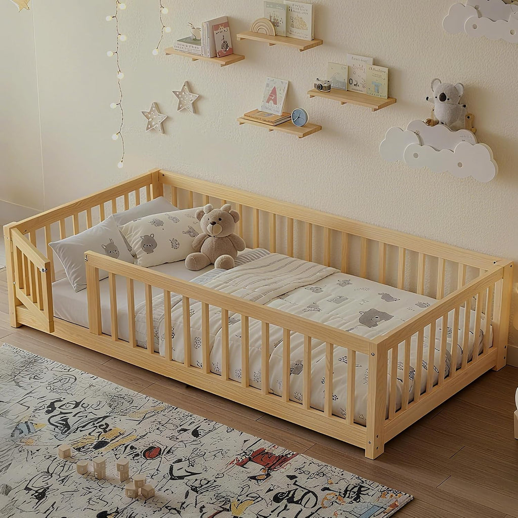 Montessori Twin Floor Bed Frame with Fence and Removable Door, Low Profile Twin Size Montessori Bed Frame for Kids