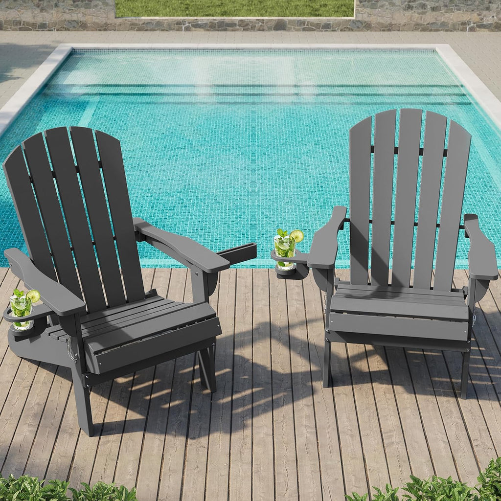 Folding Adirondack Chairs Set of 2,HDPE All-Weather Patio Chairs with Cup Holder & Phone Holder,Wooden Textured Fire