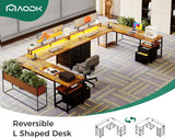 66" L Shaped Computer Desk, 113“ Reversible Home Office Desk with File Cabinet & 4 Fabric Drawers
