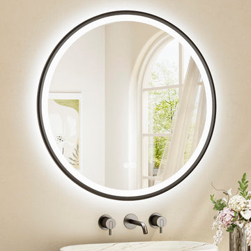Round Led Lighted Bathroom Mirror Matte Black Frame 30 Inch Front and Backlit Circle Round Light up Vanity Mirror