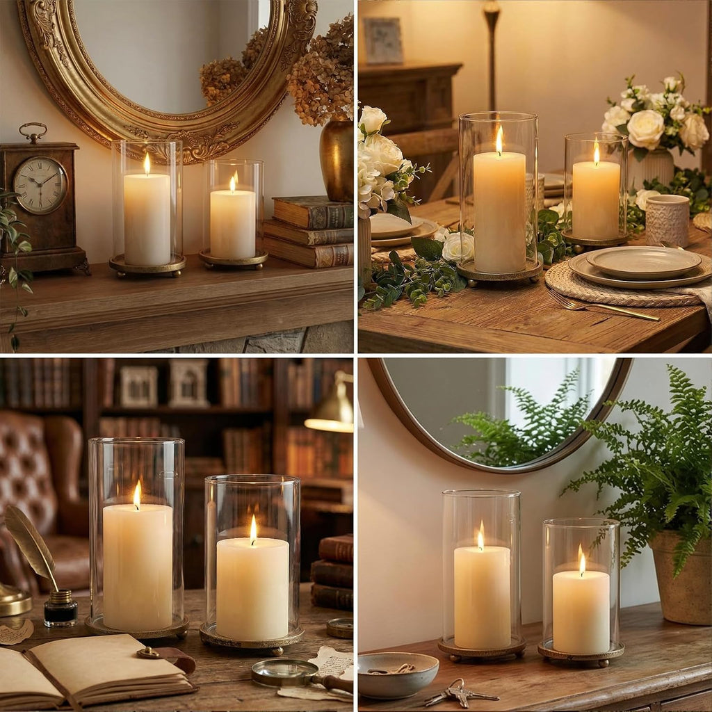Hurricane Candle Holders Set of 2 - Pillar Candle Stands with Glass Sleeves for Fireplace Mantel & Dining Table
