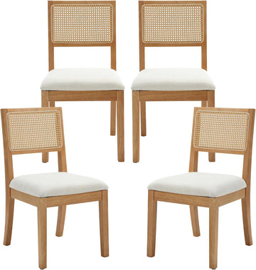 Rattan Dining Chairs Set of 4, Farmhouse Natural Dining Room Chairs with Upholstered Cushion and Solid Wood Frame, Armless Kitchen Chairs