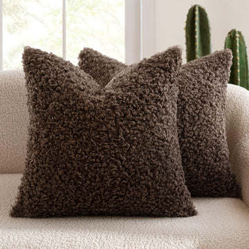 Pack of 2 Faux Fur Chocolate Throw Pillow Covers 18x18 Inch Boucle Decorative Pillow Covers Fuzzy Accent Soft