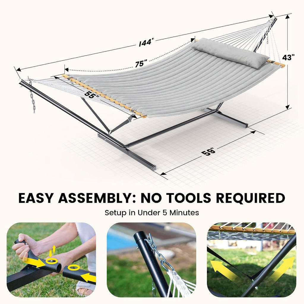 Double Hammock with Stand, Heavy Duty Outdoor Hammock for Two, 500 LBS Capacity, Stable Steel Frame with Balance