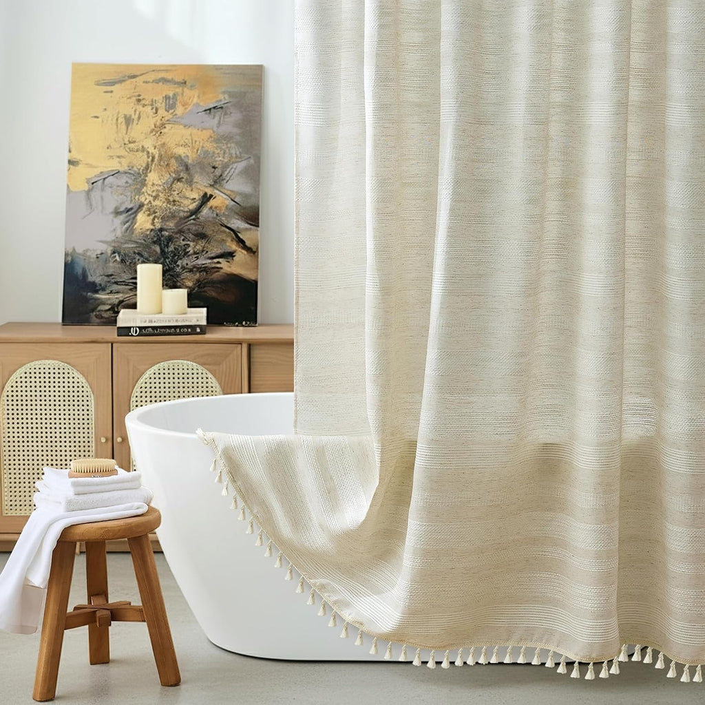 96 Inch Long Shower Curtain Boho Linen Shower Curtain Rustic Striped French Country Shower Curtains Fabric
