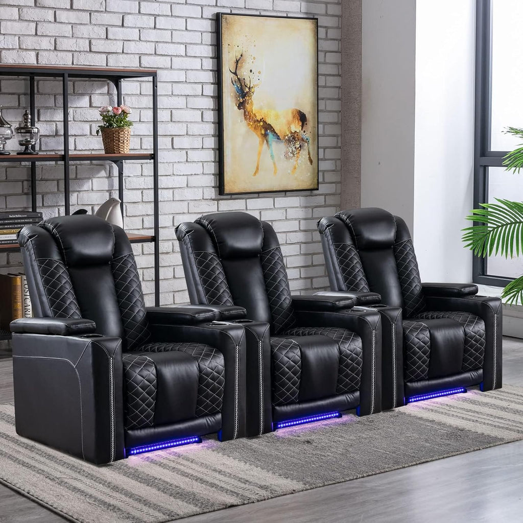 Electric Recliner Chairs Set of 3, Breathable Faux Leather Home Theater Seating Recliner with Ambient Lighting