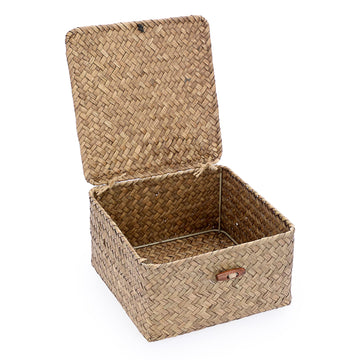 Small Wicker Shelf Baskets Handwoven Seagrass Storage Bin with Lid
