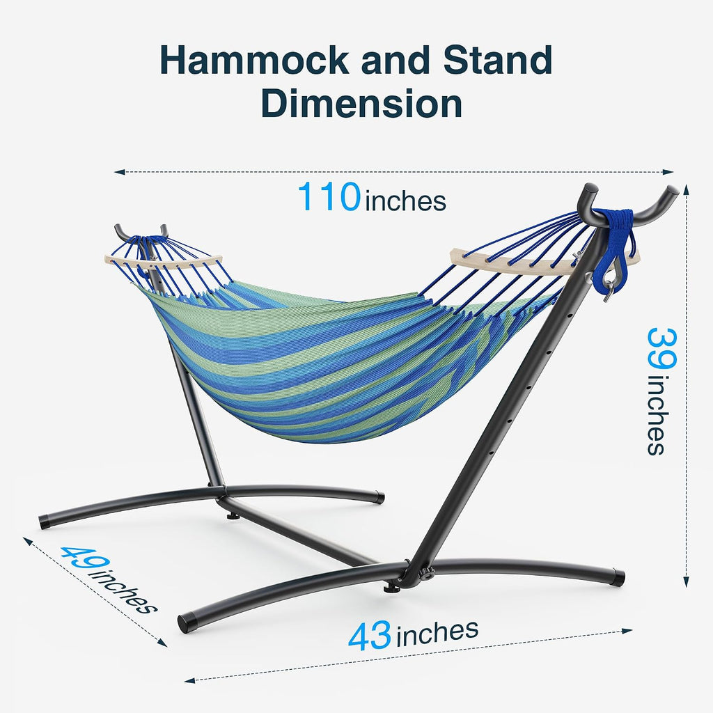 Double Hammock with Stand, 2 Person Hammock with Anti-Rollover Spreader Bar, Adjustable Height Heavy Duty Steel