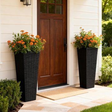 32in Large Planters for Outdoor Plants, Outside Tall Black Planters Set of 2, Resin Front Porch Planters, Outdoor