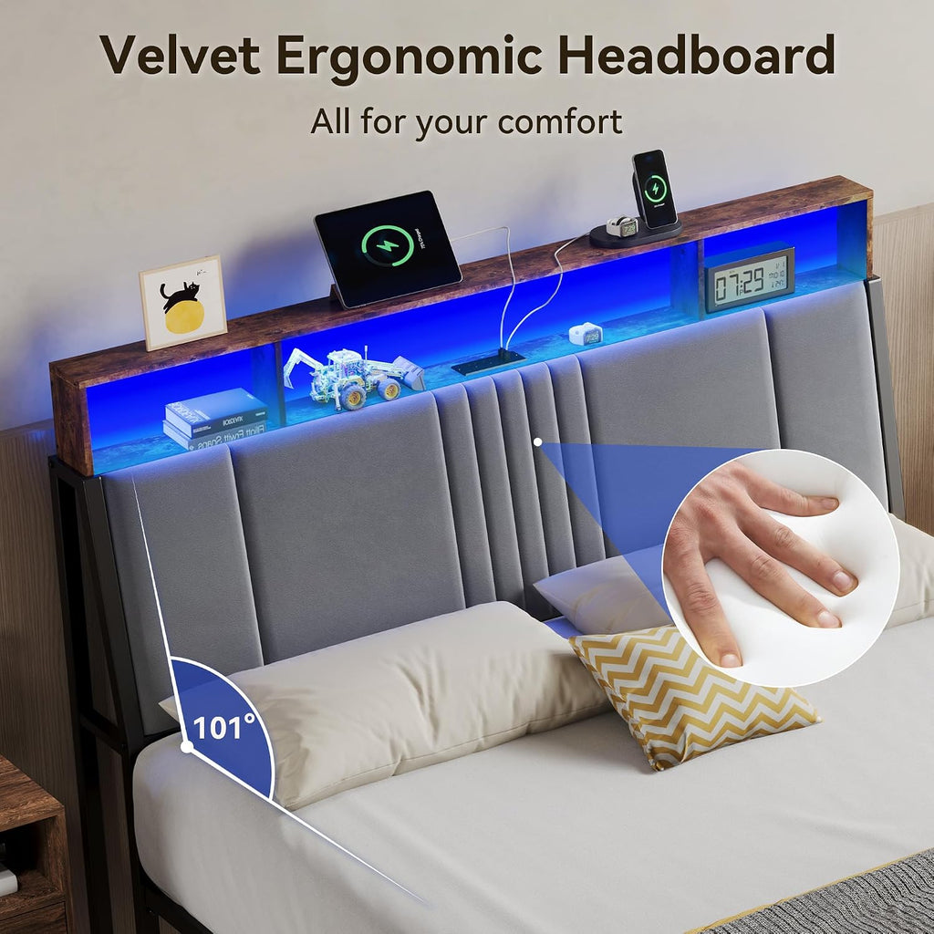 Full Bed Frame with Ergonomic Headboard, Upholstered Metal Platform Bed Full with 2-Tier Storage, Charging Station
