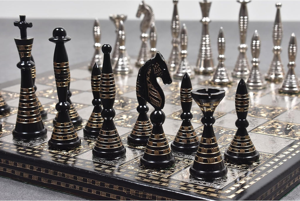 Solid Brass Metal Tribal Artwork Warli Luxury Chess Pieces & Board Set- 12" - Silver & Black... - Set of 32
