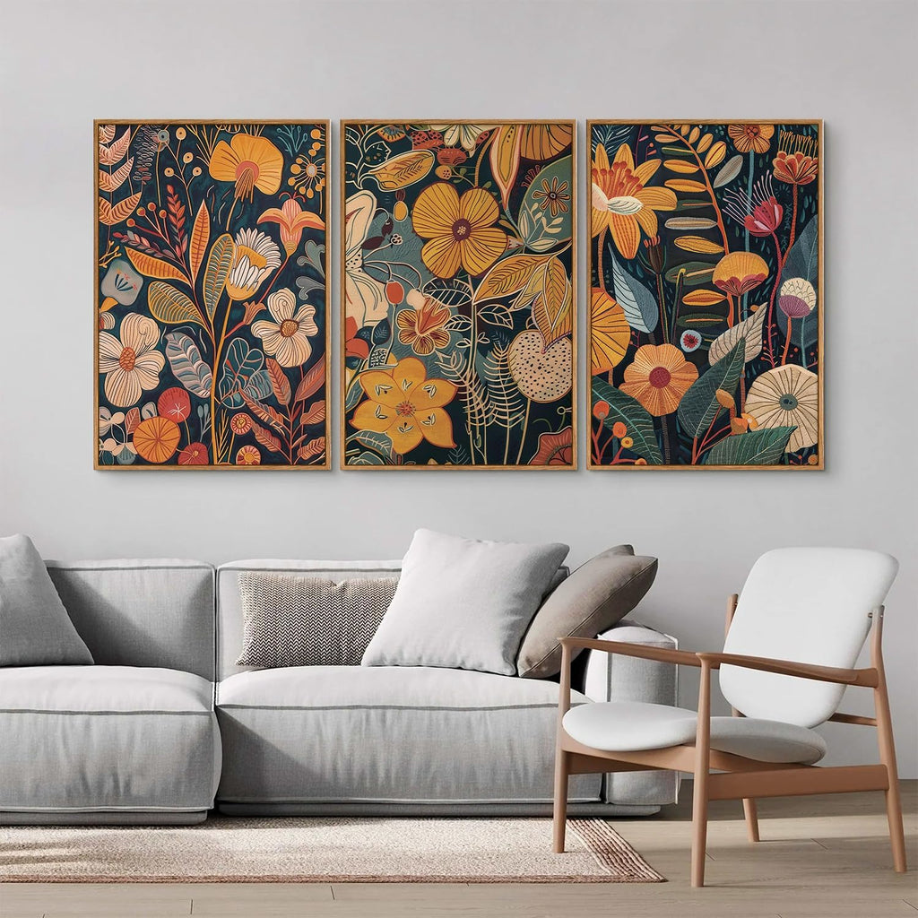 Orange Floral Framed Canvas Wall Art Set of 3, Mid Century Modern Flower Wall Decor, Neutral Plant Artwork, Boho