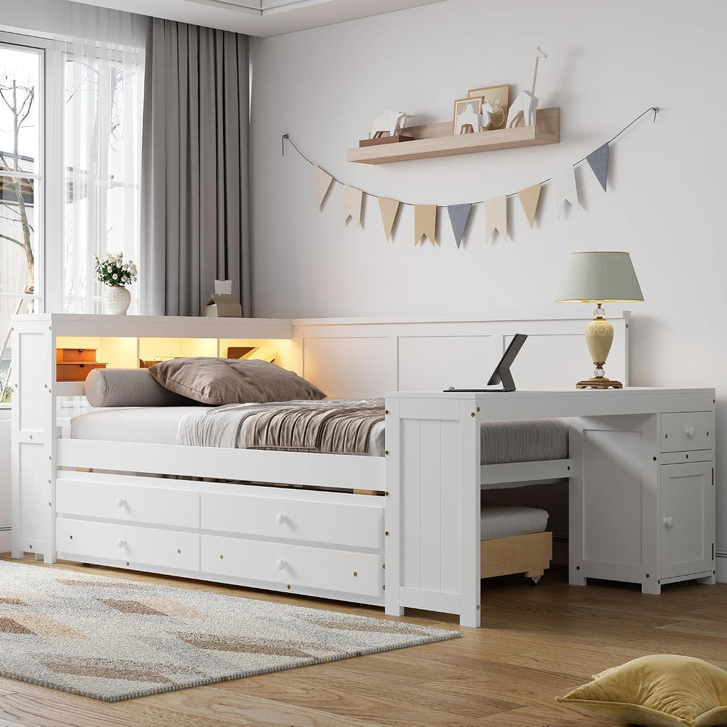 Full Size Daybed with Storage Shelves,Drawers,Trundle,Charging Station,LED Light,Desk and Cabinet, White