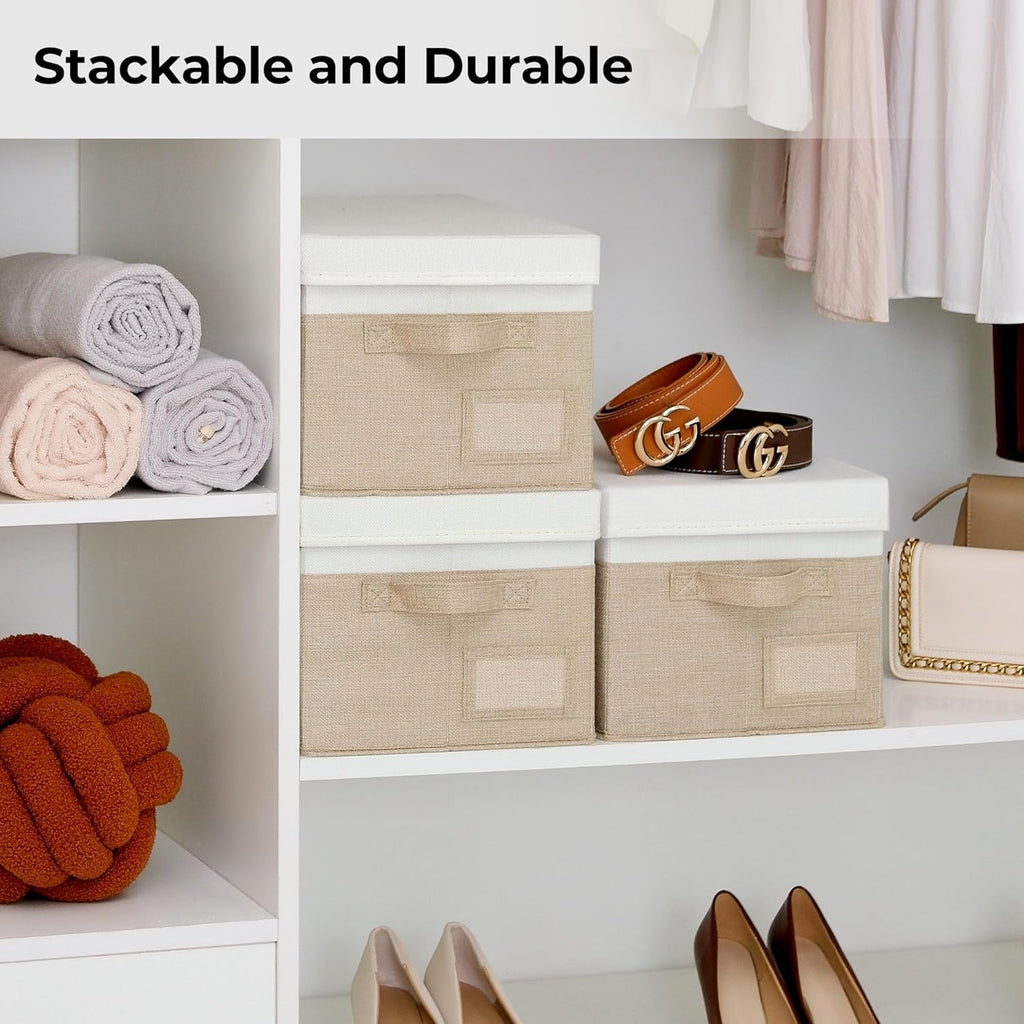Storage Basket with Lid, Linen Fabric Storage Bins with Label, Decorative Storage Boxes, Clothes Storage and