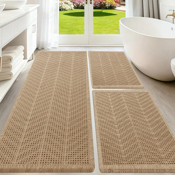 Upgraded Waffle Bath Mat Set 3 Piece Beige-Herringbone, Super Absorbent Non-Slip Quick Dry Bathroom Rugs with