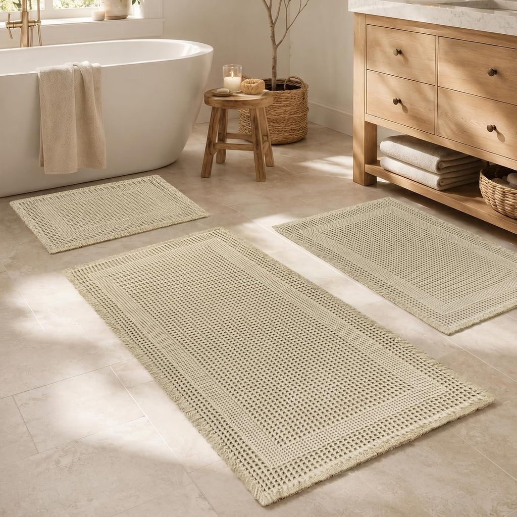 Waffle Bath Mat, Non Slip Bathroom Rugs Mats Set, Super Absorbent Quick Dry Bath Mats , Machine Washable Boho Rugs