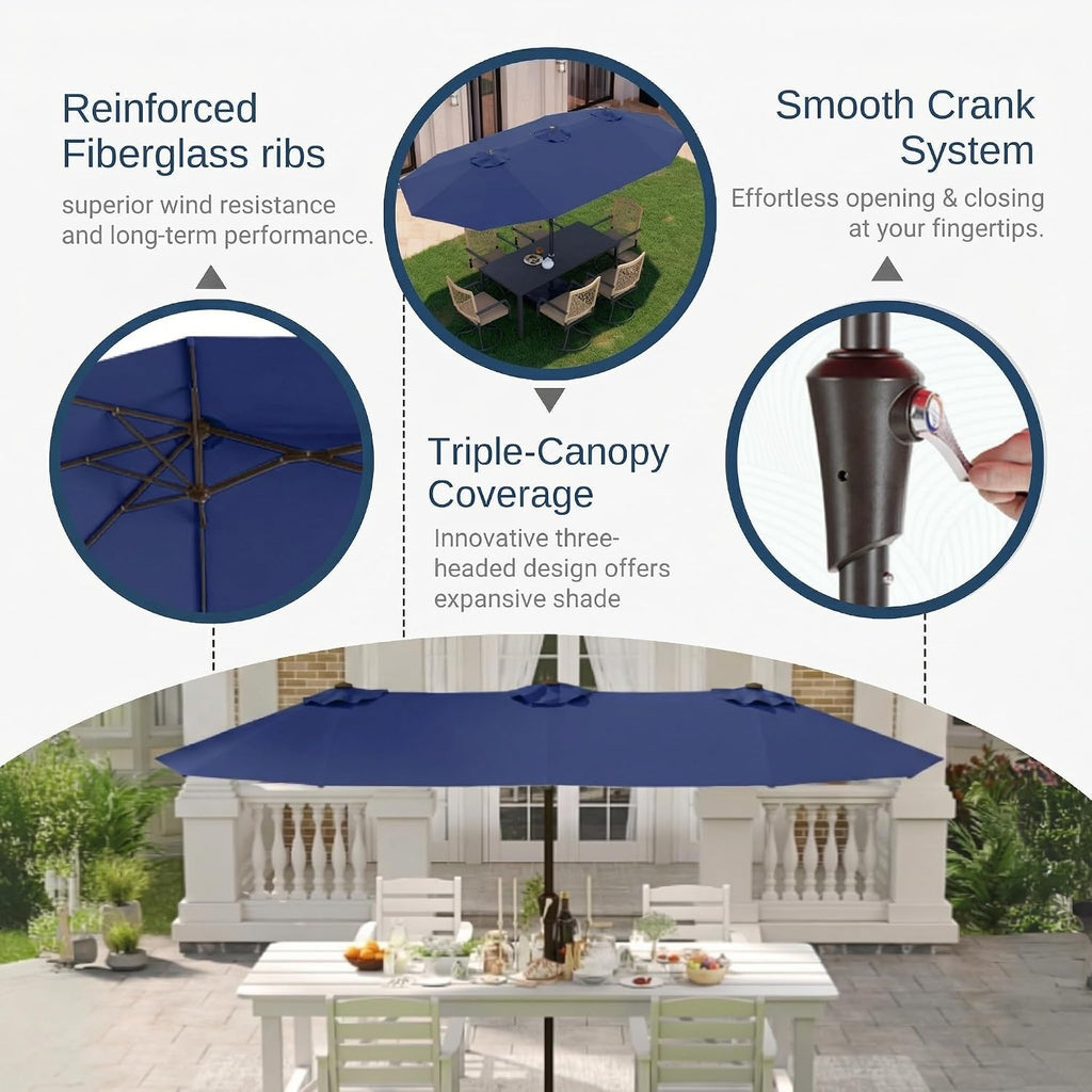 15FT Large Patio Umbrella with Base Included, Double Sided Outdoor Market Umbrella with Flexible Fiberglass Ribs