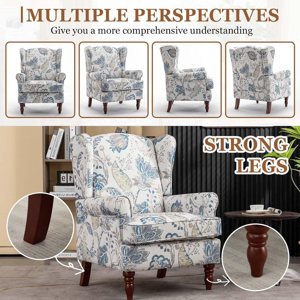 Wingback Chair & Floral Accent Chair | Occasional Side Chair Arms and High Back, Ticken Seat Cushion|Fabric